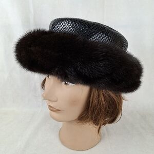 Vintage Fur And Leather Black And Brown Hat Made In Canada